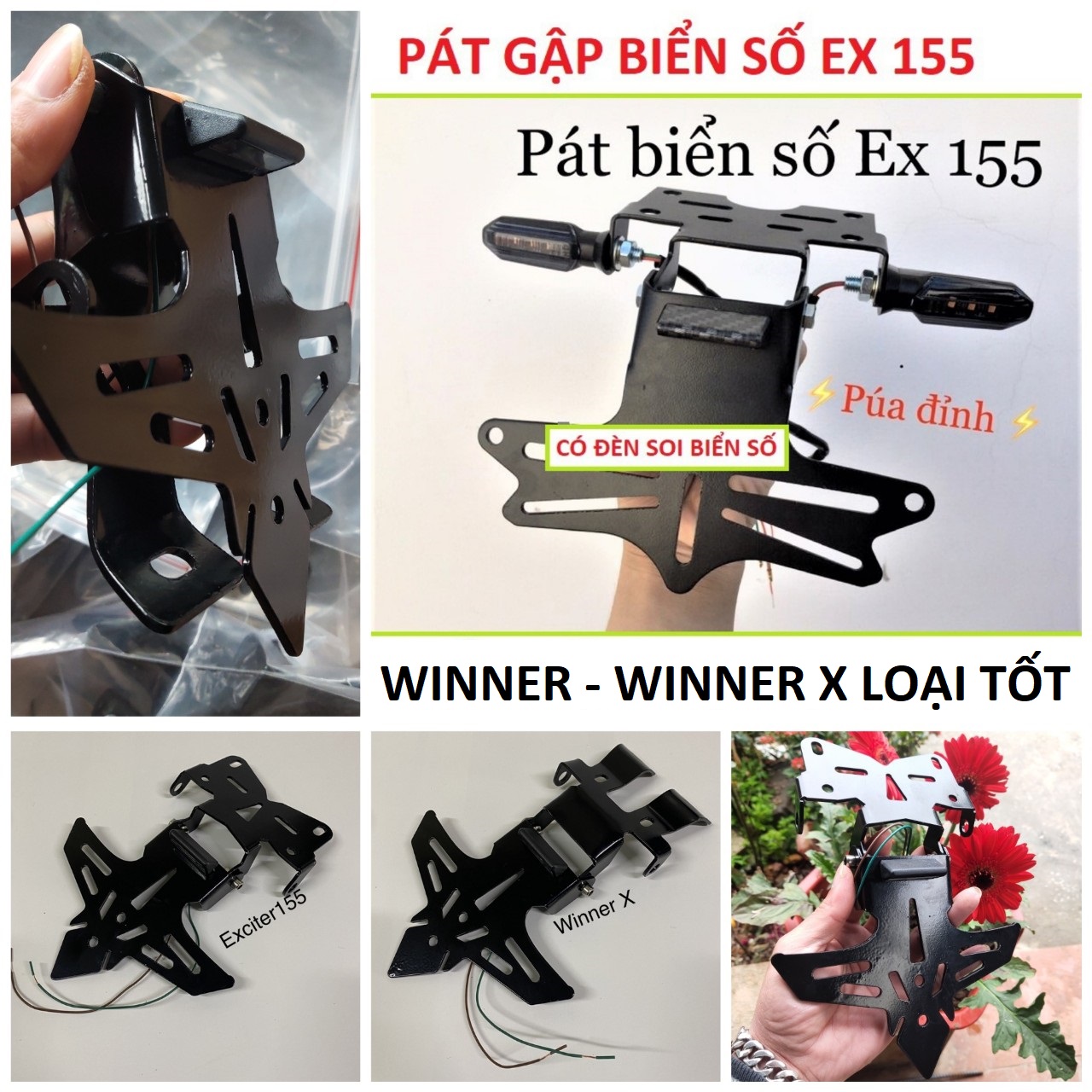 Bộ pát biển số gập EX 155 , 150 , Winner x - winner mẫu mới loại dày đẹp có đèn soi biển hàng cao câp chống rung lắc lắp như zin, đồ chơi xe máy