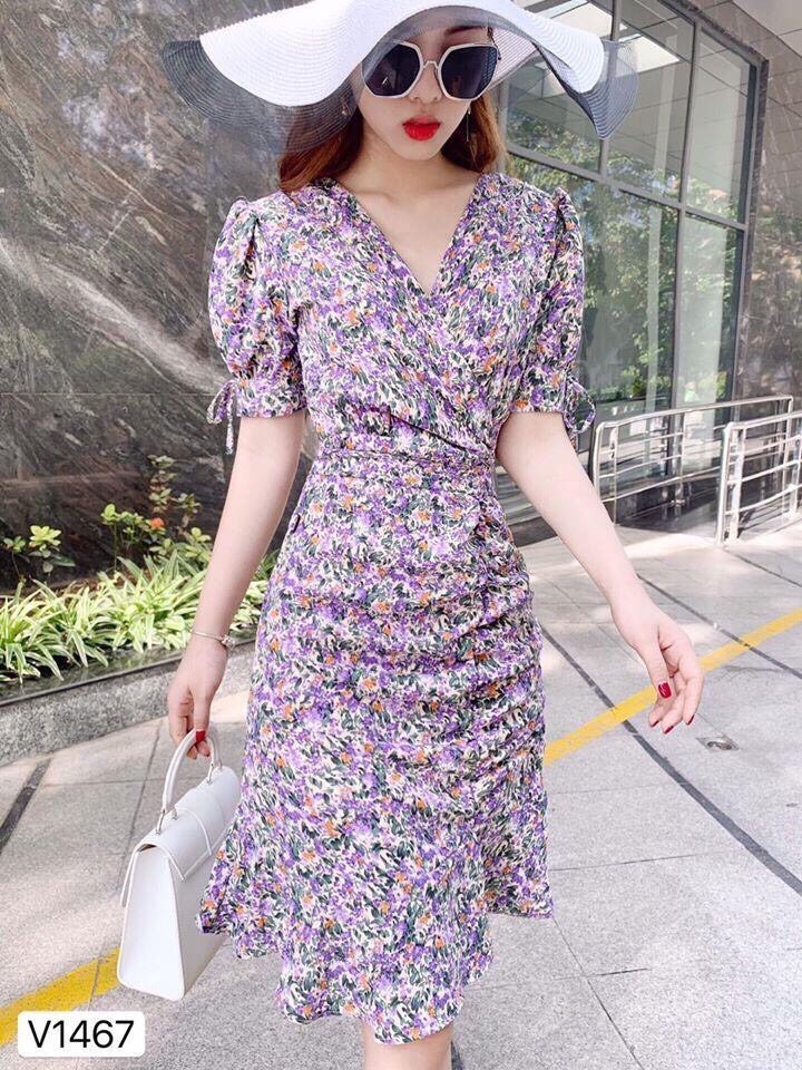 [HCM]Đầm hoa voan cổ đắp chéo in hoa