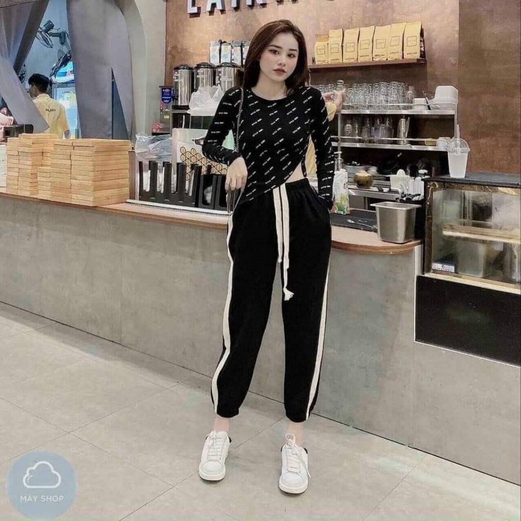Quần Jogger Nữ Nỉ Tăm Phối Sọc Siêu Ấm