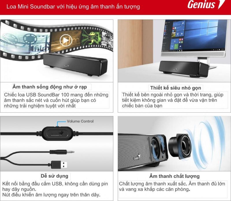 Loa thanh GENIUS SoundBar 100, cổng USB [Chính hãng]