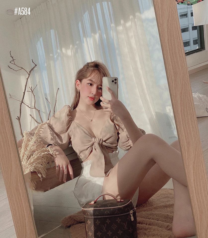 Set croptop short cột nơ tay phồng