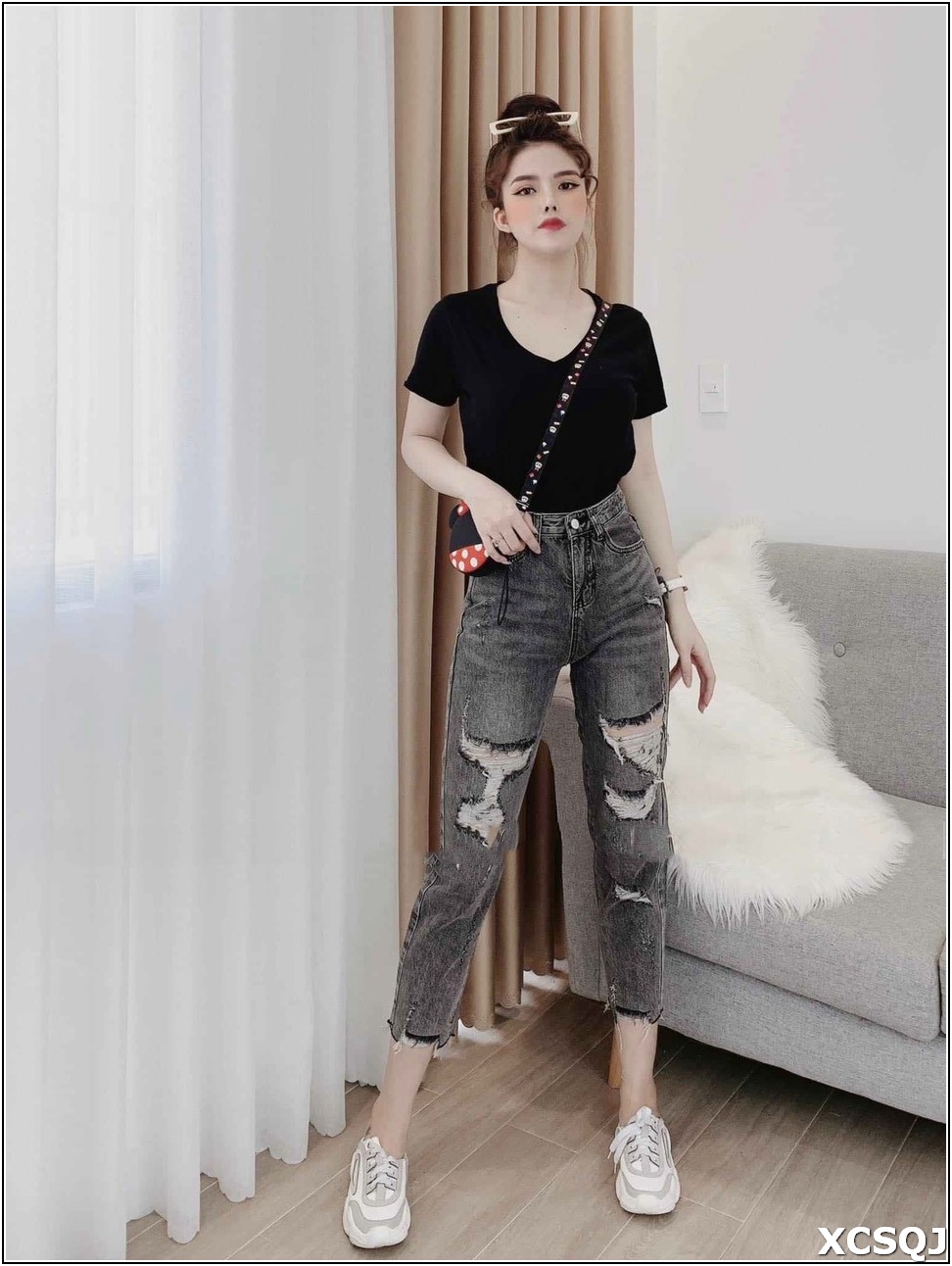 Quần jean nữ BAGGY kiểu RÁCH 3166 màu xám 3lz-4