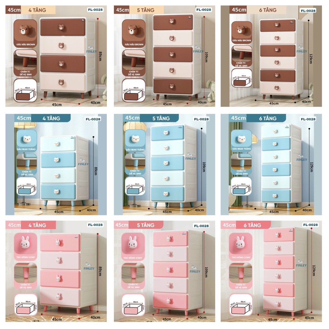 Tủ nhựa gấu thỏ cho bé FINLEY ngăn kéo size M4 - 5 - 6 tầng gấu xanh