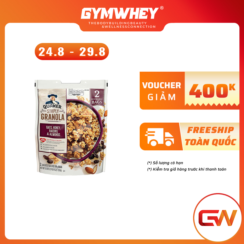 Ngũ Cốc Dinh Dưỡng Mật Ong Hạnh Nhân Nho Khô Ăn Liền Yến Mạch Quaker Simply Granola Raisins Almonds 2lbs (1kg)