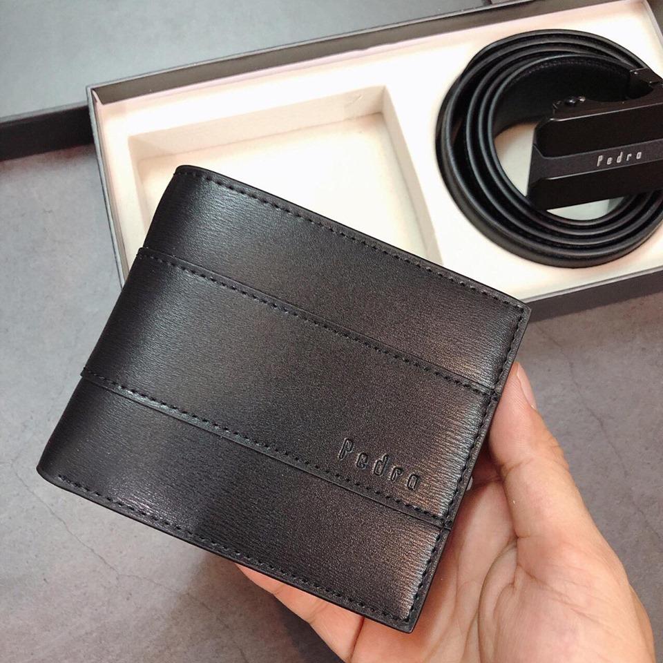 (Hàng có sẵn. Quà tặng nam giới- Full box, túi giấy ) Set bóp ví, thắt lưng dây nit nam Pedro