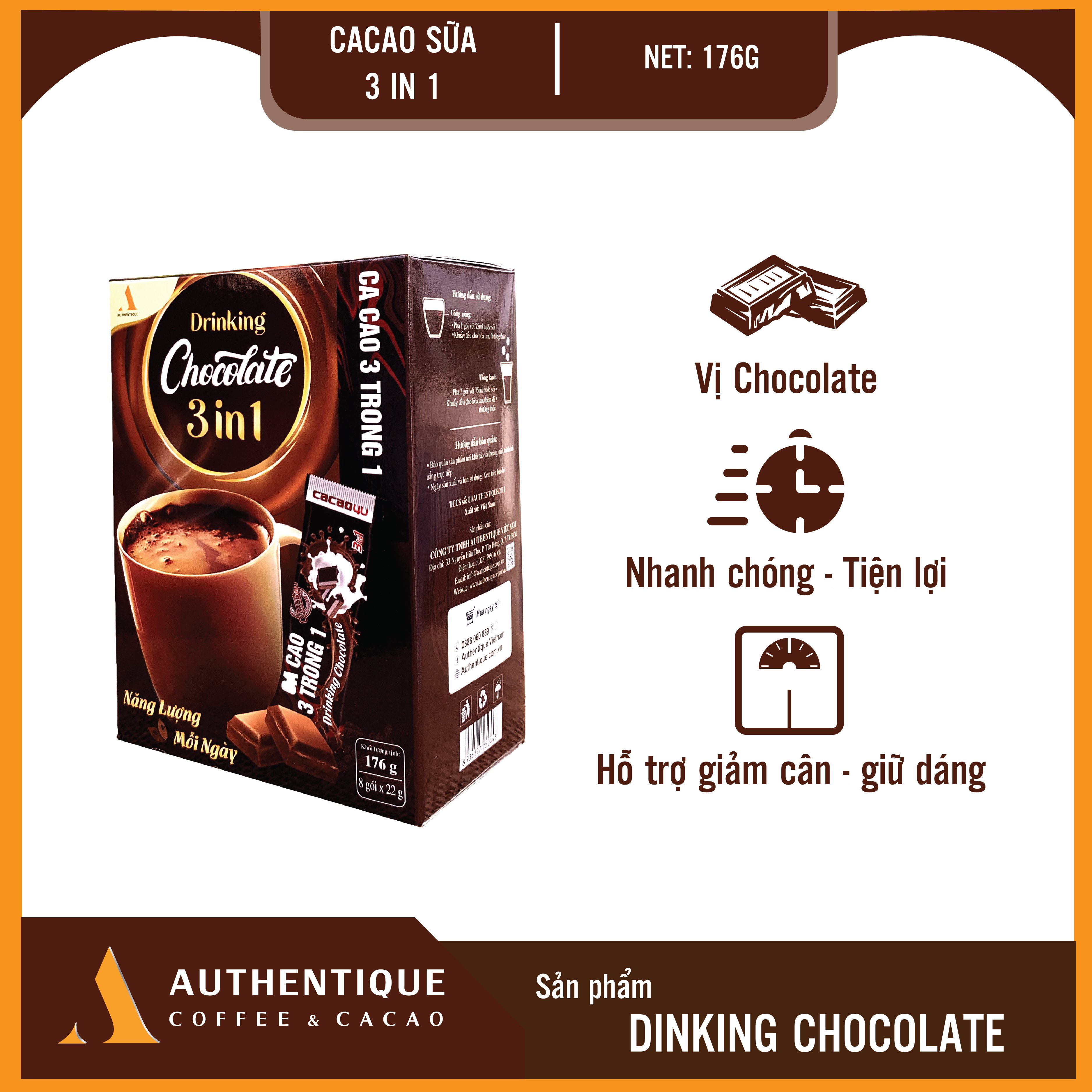 Bột Cacao sữa 3in1 Drinking Chocolate - Hộp 8 gói- Không hương liệu