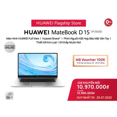 TRẢ GÓP 0% | Máy Tính Xách Tay Huawei Matebook D15 (8GB/256GB) | Màn Hình HUAWEI Fullview | HUAWEI Share | Phím Nguồn Kết Hợp Bảo Mật Vân Tay