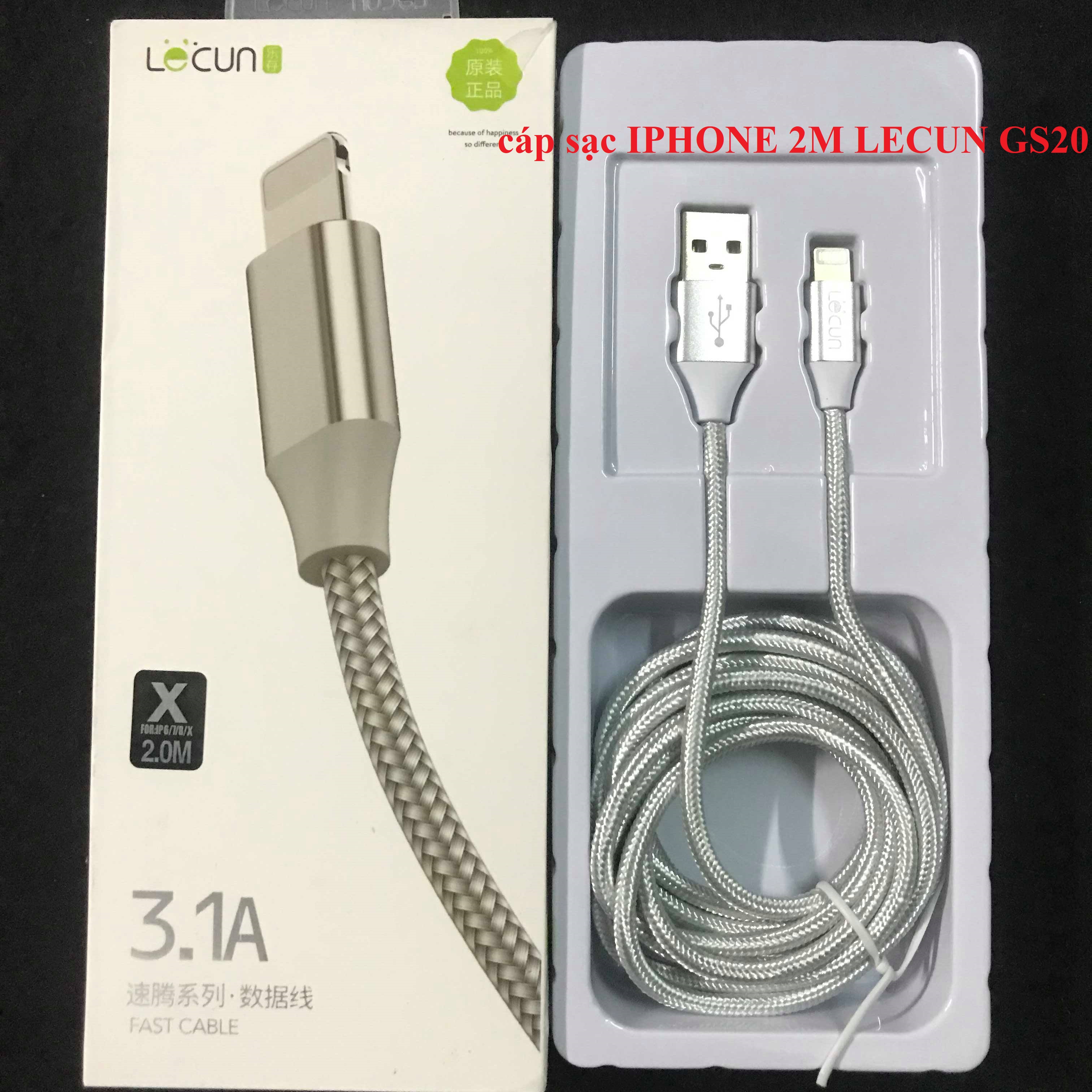 (Loại tốt)Cáp Iphone dài 2M Lecun dây dù GS20 HT20