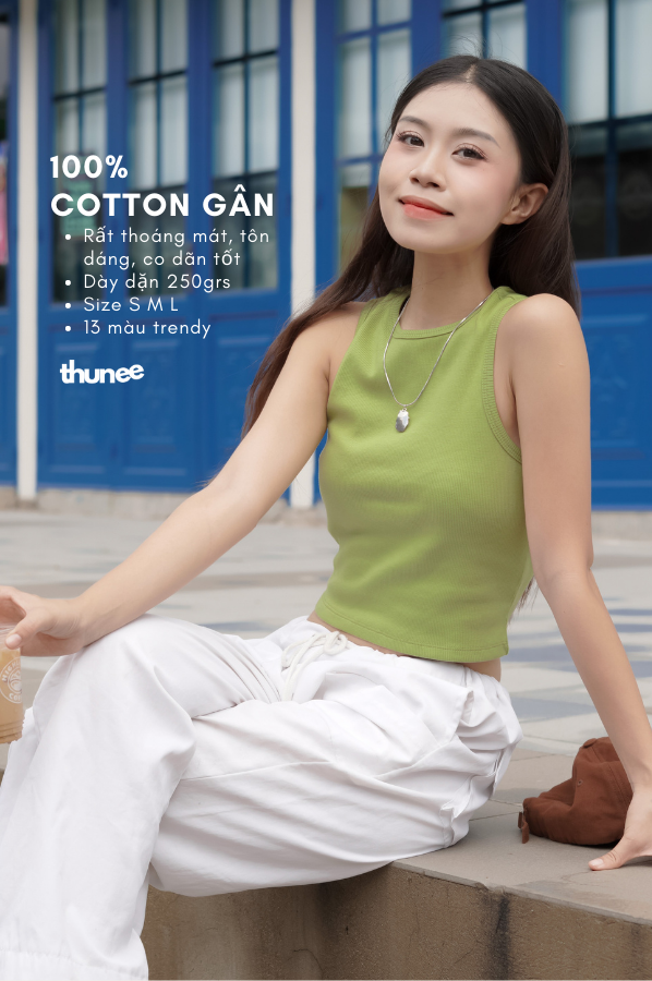 (nhiều màu) THUNEE Áo thun gân cotton ba lỗ nữ