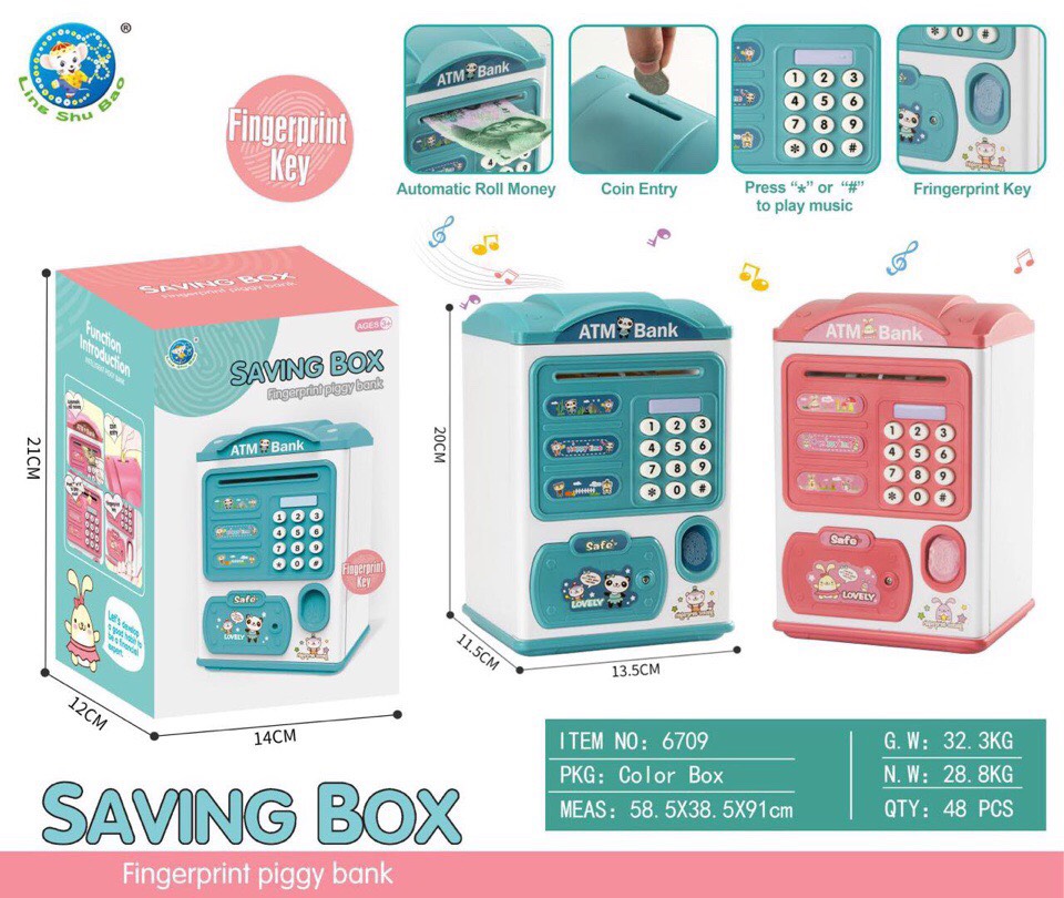 Két sắt đựng tiền cho bé đồ chơi thông minh mô phỏng như trụ atm rút tiền tự động bằng dấu vân tay, đồ chơi cho bé