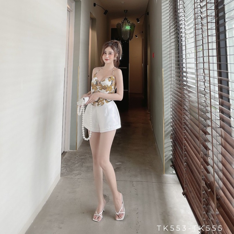 [Ảnh thật] Áo croptop dây yếm họa tiết cột nơ lưng
