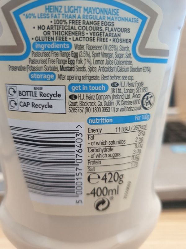 Marinade mayonnaise light Heinz 400ml (less fat)