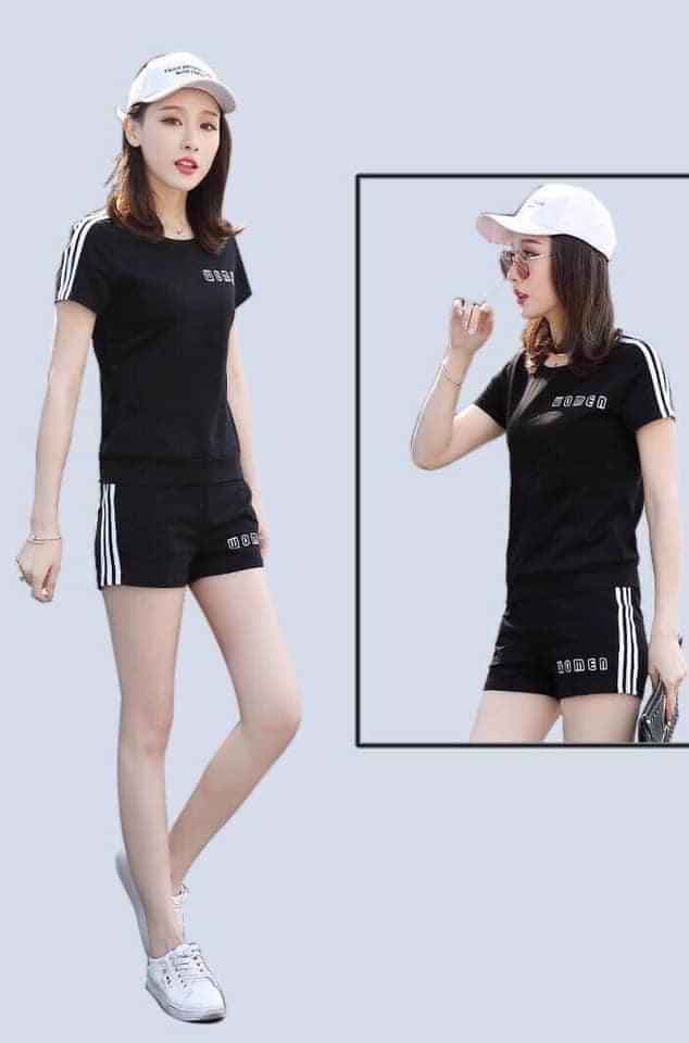 Set đồ bộ thun, quần đùi áo cộc thiết kế kẻ sọc dọc vai áo, tay áo và quần cho nữ