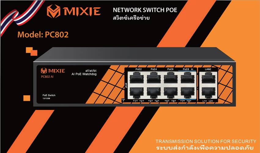 SWITCH POE MIXIE PC-802 AI 8 cổng LAN POE và 2 cổng Uplink