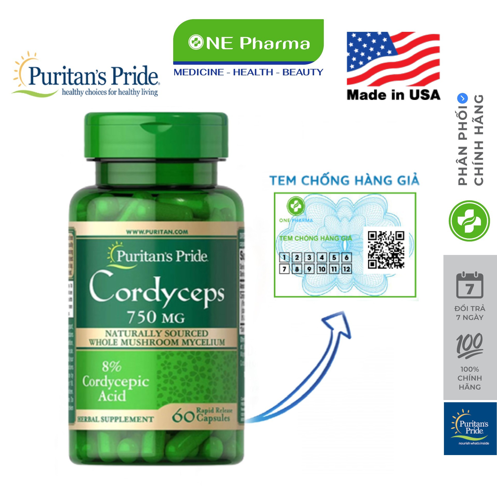 Đông trùng hạ thảo Puritan’s Pride Cordyceps 60 Viên