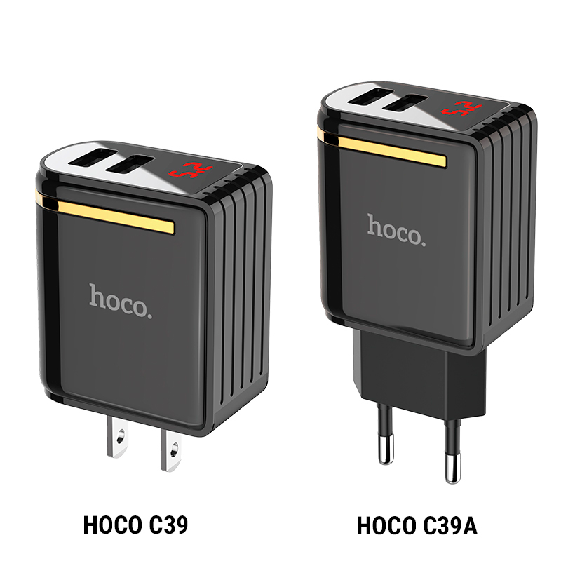 Củ Sạc 2 Cổng 2.4A Hoco C39/C39A - Đèn LED Báo Dòng Điện, Thiết Kế Chân Tròn Và Chân Dẹt Tiện Lợi [CHÍNH HÃNG]