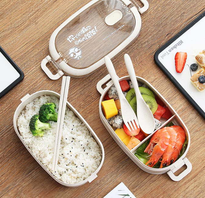 Bộ hộp cơm 2 tầng lua mạch kèm bộ muống đũa nĩa  -  hộp cơm trưa nhân viên văn phòng - Hộp Cơm Giữ Nhiệt 2 Tầng Chất Liệu Nhựa PP Lúa Mạch - CÀ MEN 2 TẦNG GIỮ NHIỆT TỐT- hộp đựng thức ăn -hop com trua -com van phong