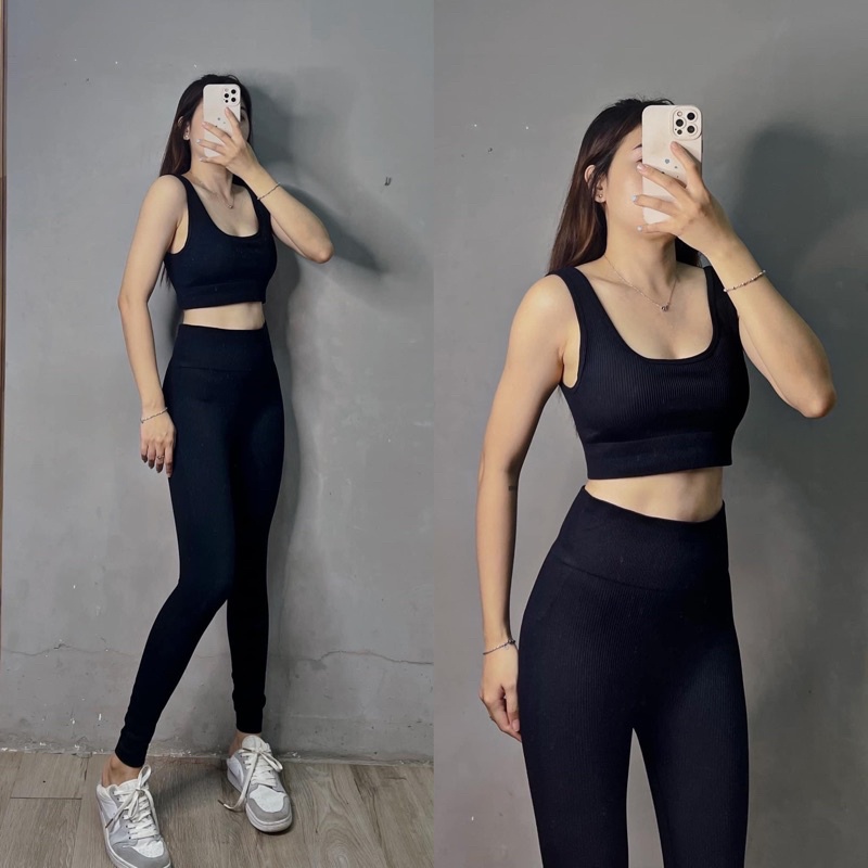 Bộ quần áo thể thao tập gym yoga nữ - set đồ tập thể thao dệt dài ba lỗ botee, chất thun dệt mịn, co giãn tốt