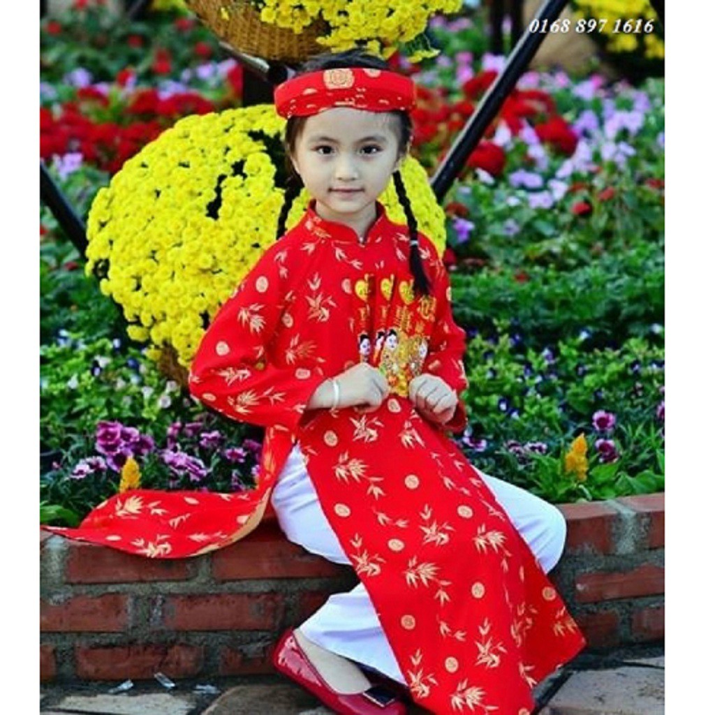Áo dài Đỏ trúc bé Gái truyền thống Gấm Thái Tuấn (Áo + quần + mấn, khăn xếp đội đầu)