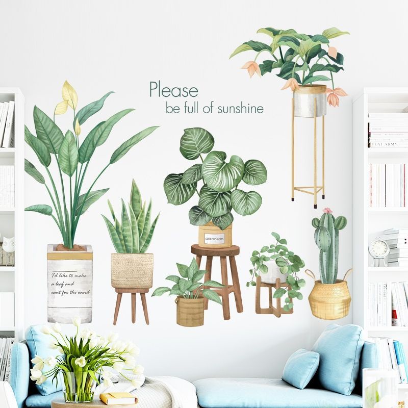 Decal dán tường chậu cây trên ghế