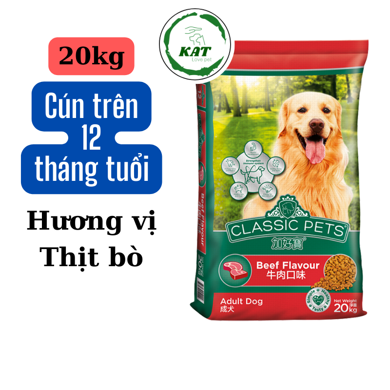 Thức ăn hạt cho chó lớn classic pets adult hương vị thịt bò - bao xá 20kg - kat love pets