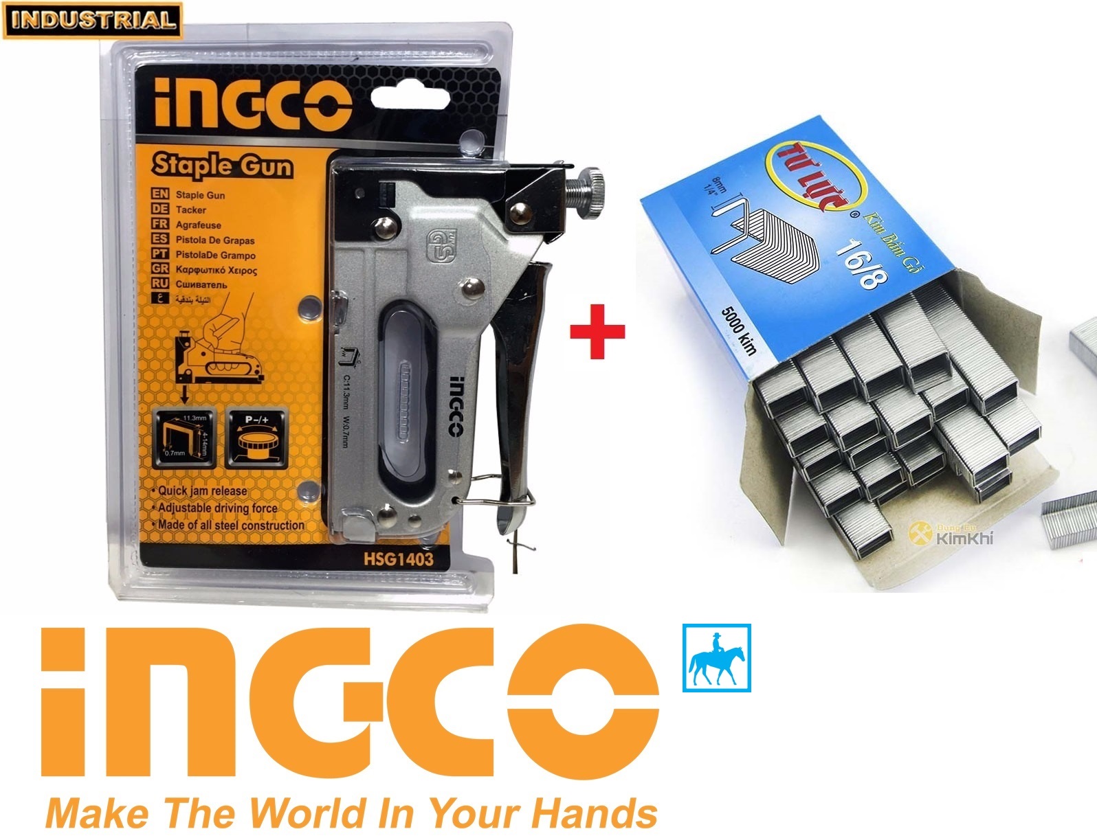 Kìm bấm đinh ghim gỗ điều chỉnh tăng lực 4-14mm Tặng 5000 đinh ghim 16-8 INGCO HSG1403