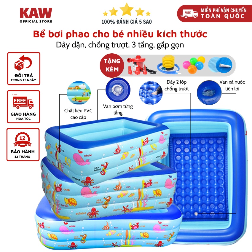 Bể bơi cho bé 3 tầng, Hồ bơi trẻ em thành cao đế chống trượt, phao bơi trẻ em an toàn