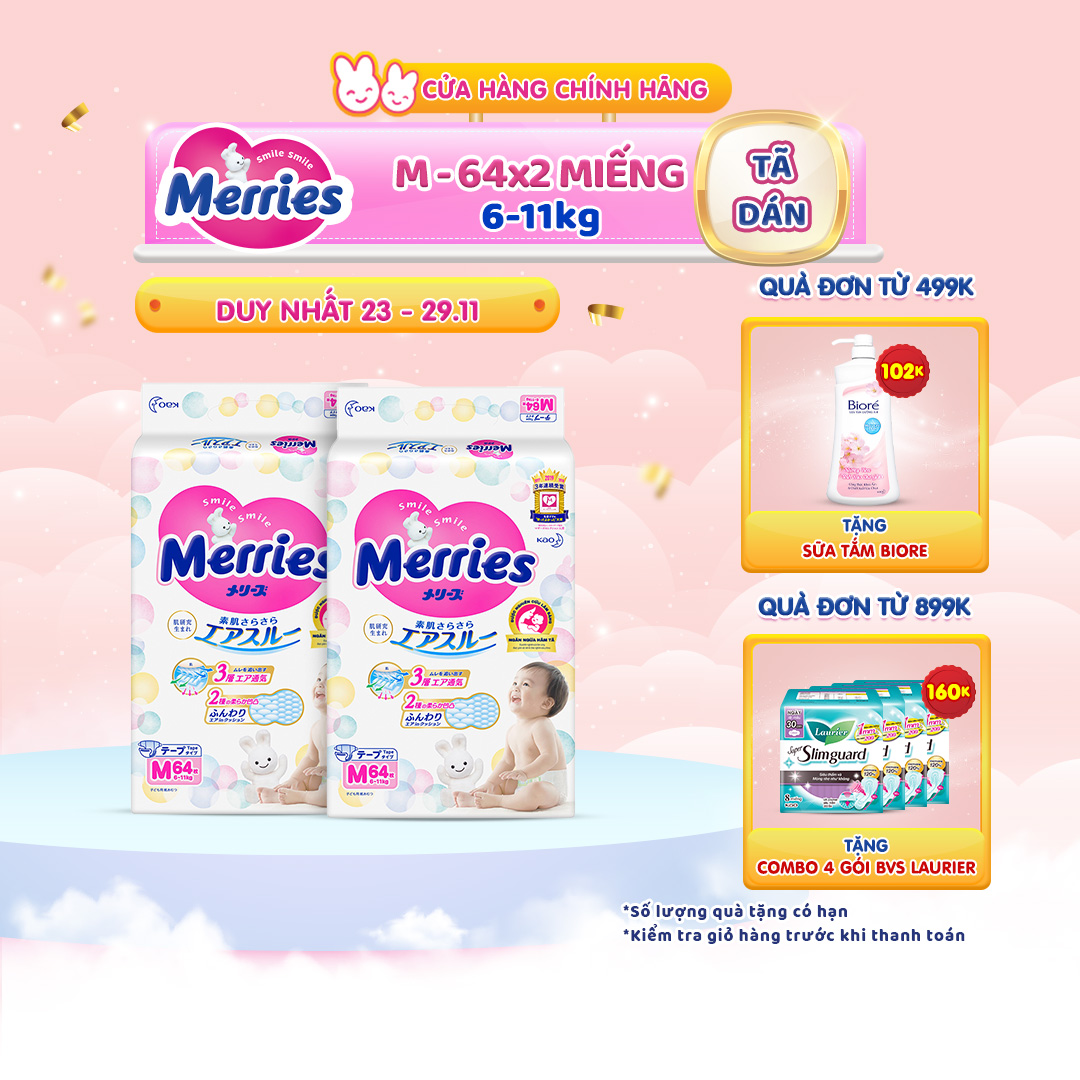 Combo 2 Tã/bỉm dán Merries size M - 64 miếng