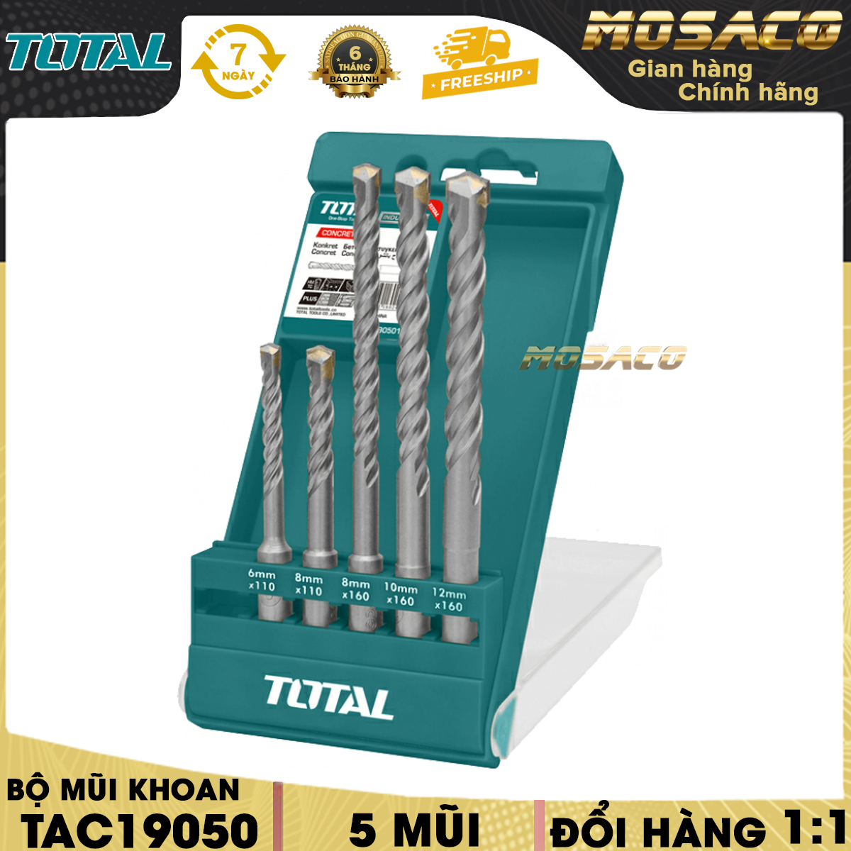Set concrete drill bits head fasten the SDS total TAC190501 5 details. Drill bit total, drill bit coated with 1 layer titanium nitride, corrosion resistance good, plastic carrying case high grade dark blue highlights, warranty 6 months-mosaco