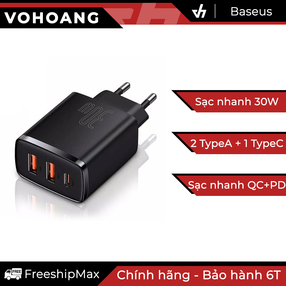 Sạc nhanh qc/pd 30w 3 cổng baseus compact cổng sạc type-c, pd 30w, qc 3.0, chân tròn