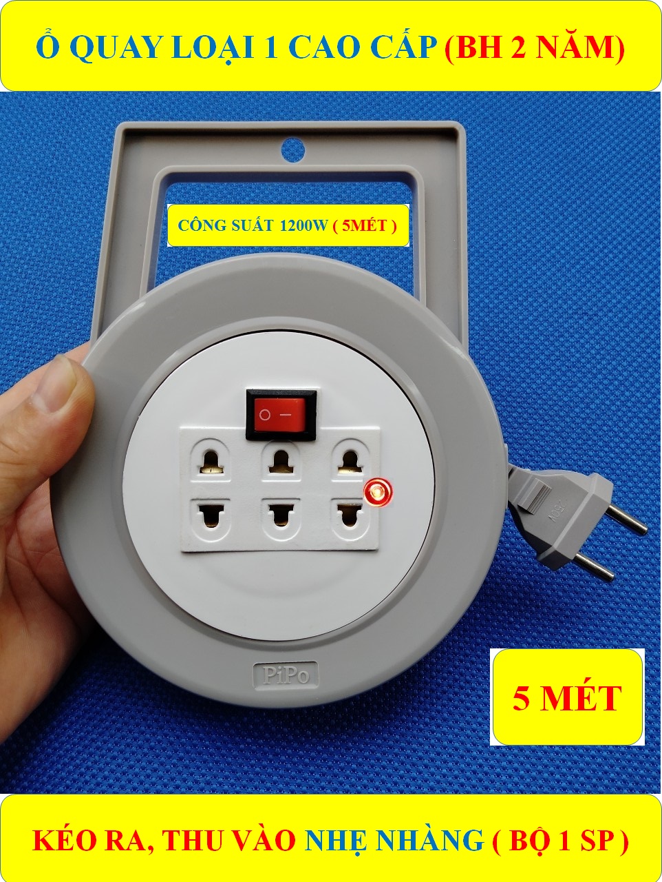 Ổ cắm điện, tròn xoay 1200W cao cấp (BH 2 NĂM) + Dây dài 5/8/10/15/18 Mét + 1 Công tắc + 3/5 Ổ cắm + 1 đèn LED báo (bộ 1 sản phẩm)