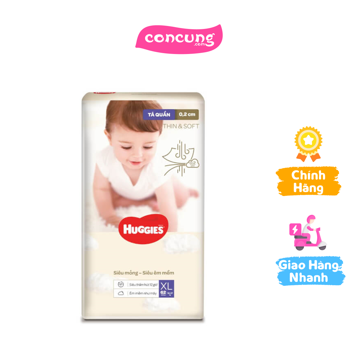 Tã quần Huggies Thin & Soft (XL, 12-17kg, 62 miếng)