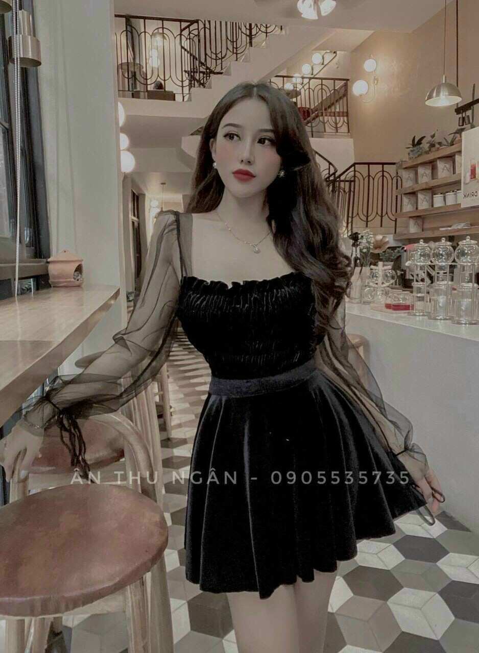 [HCM]Đầm nhung tay dài phối lưới sang chảnh