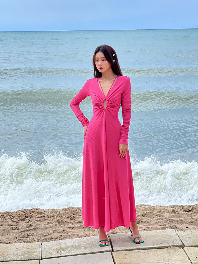 COCO SIN - Đầm Thun Gân Hồng Tay Dài