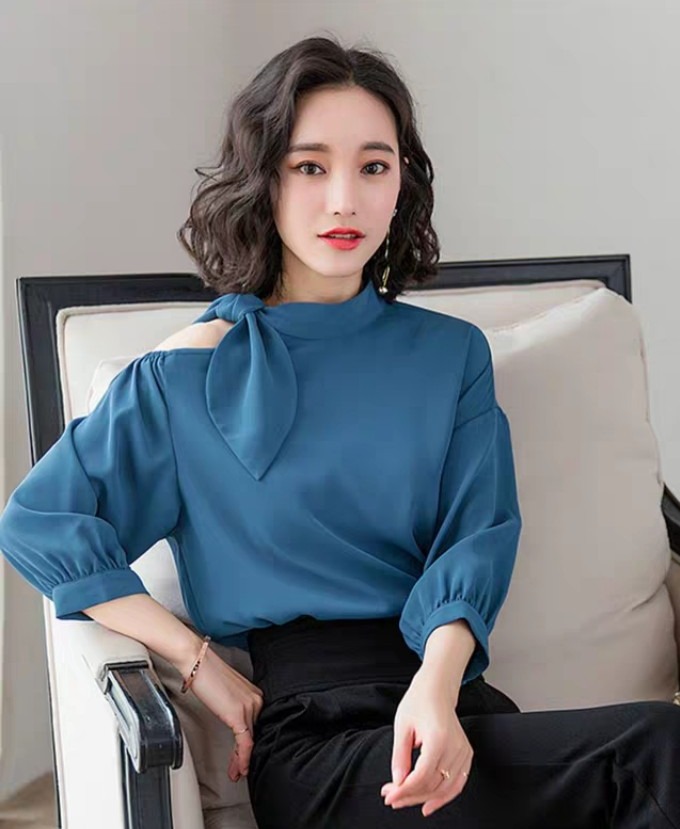 [HCM] Áo Sơ Mi Phối Nơ Vai Xanh Phi Lụa Cách Điệu BEYEU1688 - BY3320