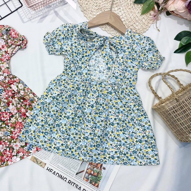 Váy hoa hở lưng phối nơ điệu đà cho bé gái - VHHL