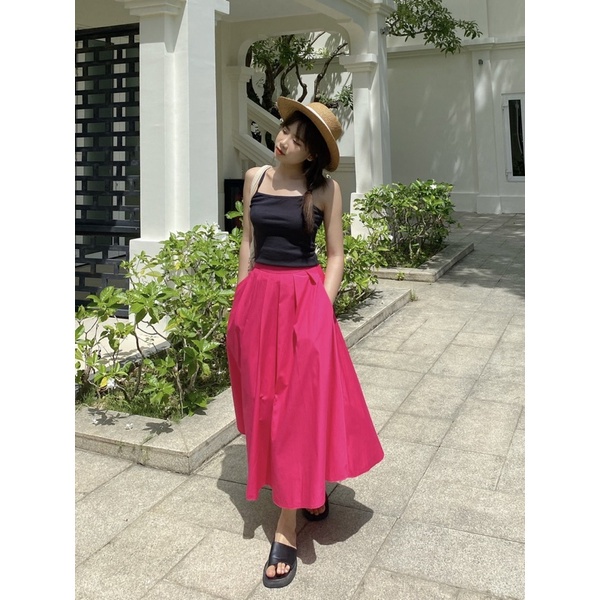 Chân váy dài cotton 2 lớp dáng xoè xếp ly eo cạp lưng chun có túi sâu 2 bên - Unleashedvn JILL Midi Cotton Skirt