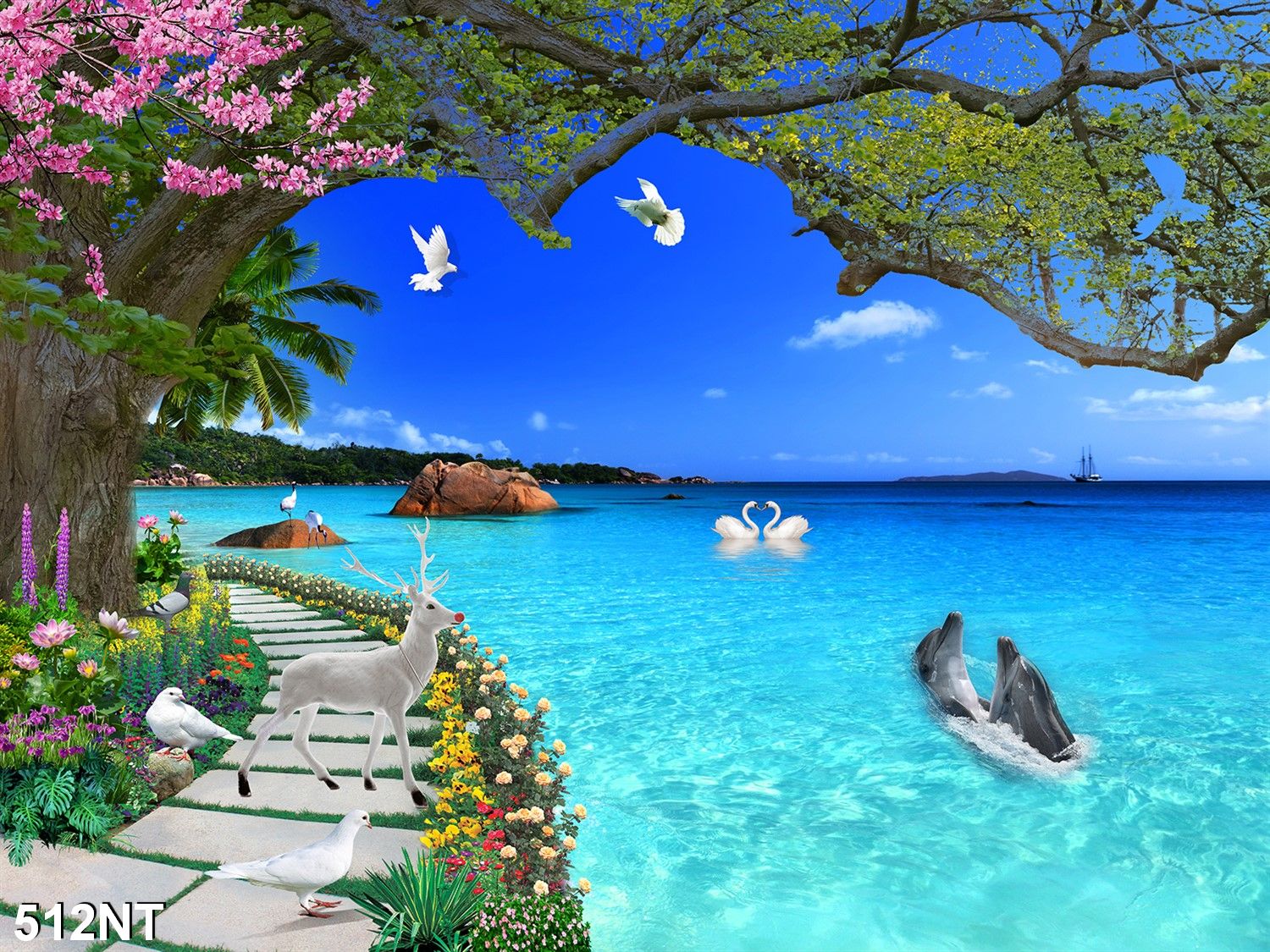 Tranh dán tường 3D phong cảnh biển đẹp 512NT sẽ làm say mê mọi người với không gian 3D hoàn toàn mới lạ. Thật tuyệt vời khi có thể ngắm nhìn những bức tranh cảnh biển sống động như thật. Những đàn chim bay trên mặt nước, những ngôi nhà ven bờ và những bãi cát trắng rực sẽ đưa bạn đến với thế giới của những giấc mơ.