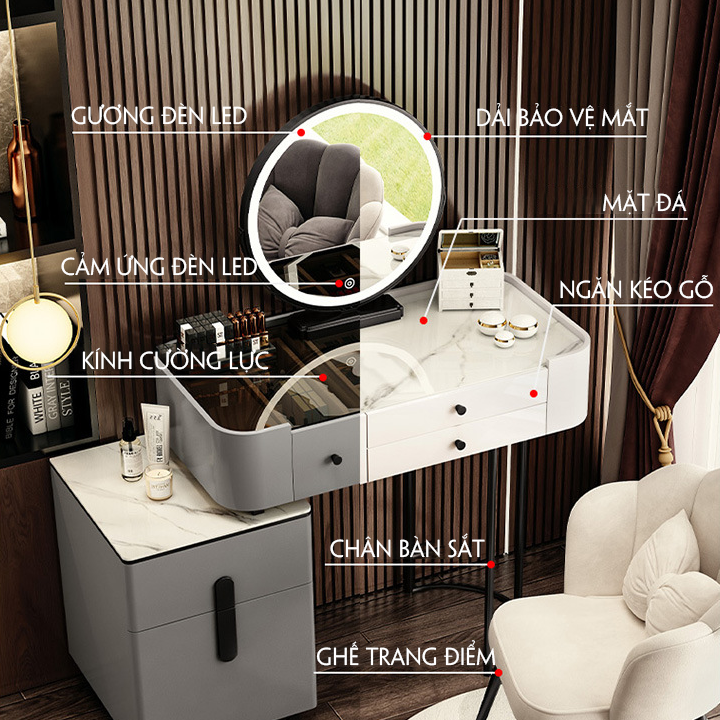 [Hot trend] Bàn trang điểm kèm gương phong cách bắc âu, Bộ bàn phấn trang điểm 2 mặt kính họa tiết kim cương cao cấp, Bàn trang điểm thiết kế hiện đại hàng nhập khẩu