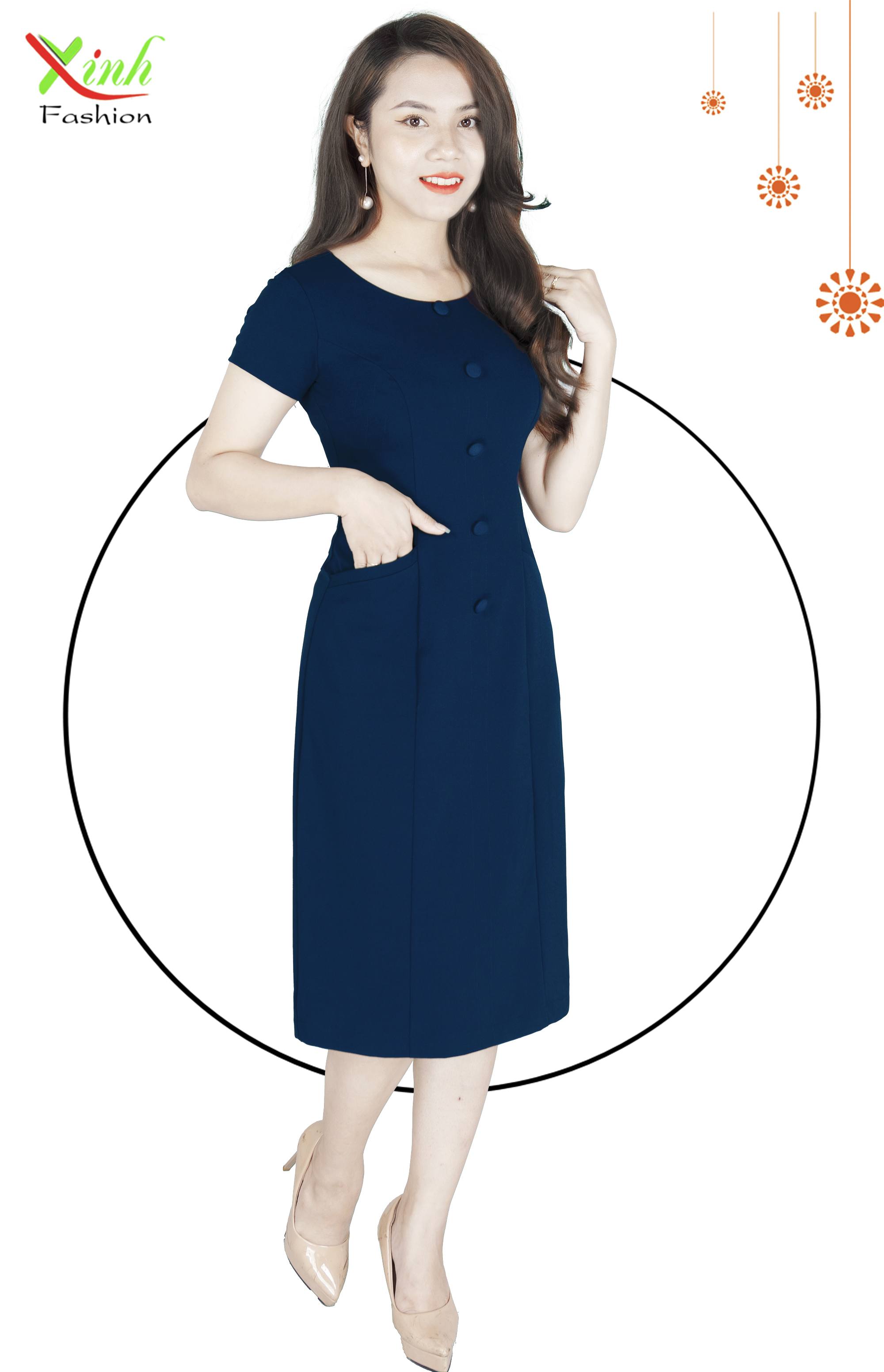 Đầm Suông Cổ Điển Phối Cúc Che Bụng Vải Mềm Mát DL508-776