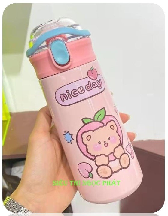 Bình Giữ Nhiệt Gấu HLX_500ML + Ống Hút + Ticker
