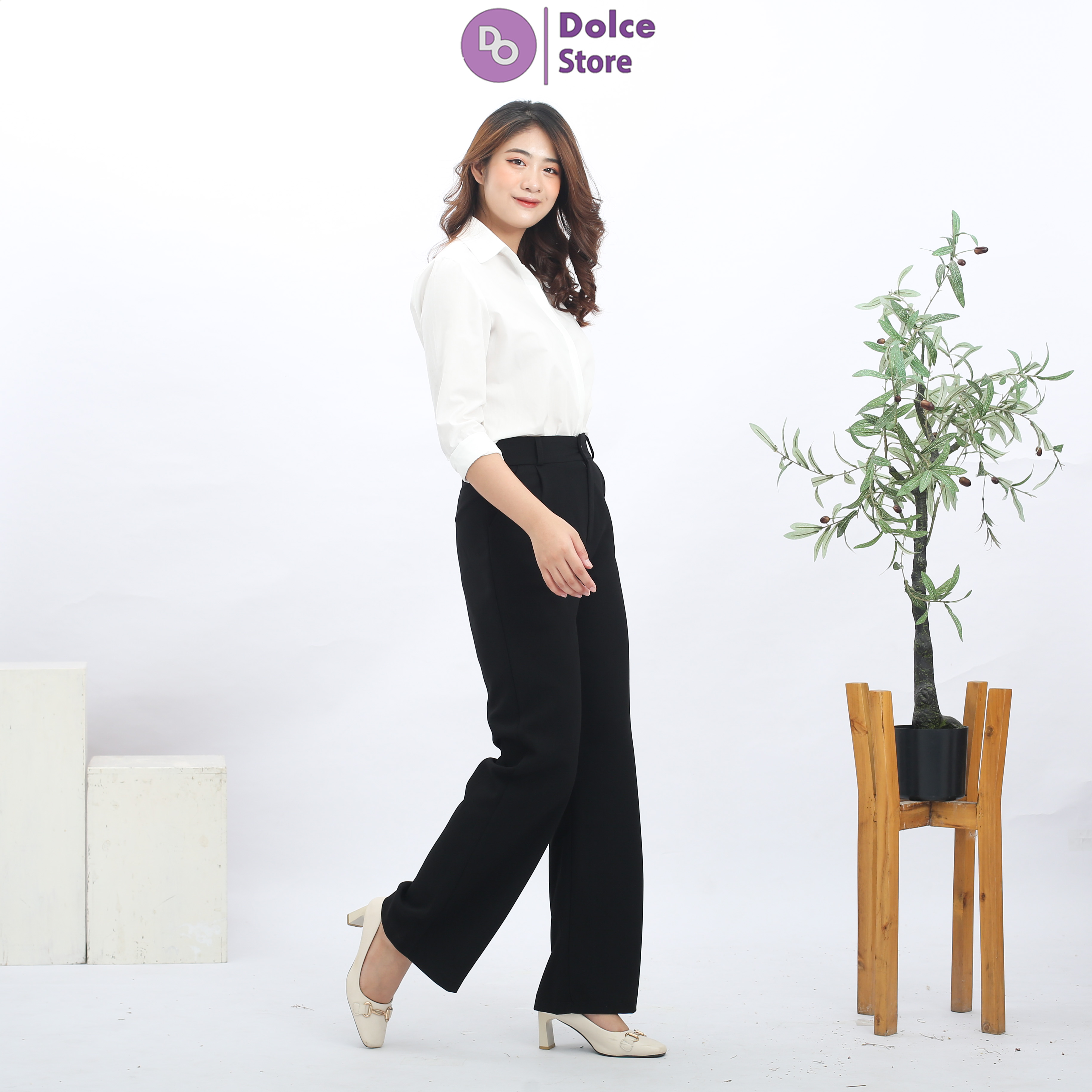 Quần ống suông công sở cạp cao dài 100cm - Dolce