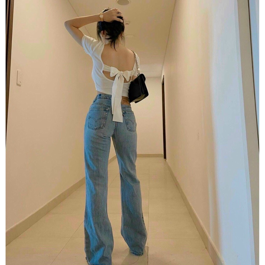 Áo croptop cổ U nơ lưng tay ngắn A5177