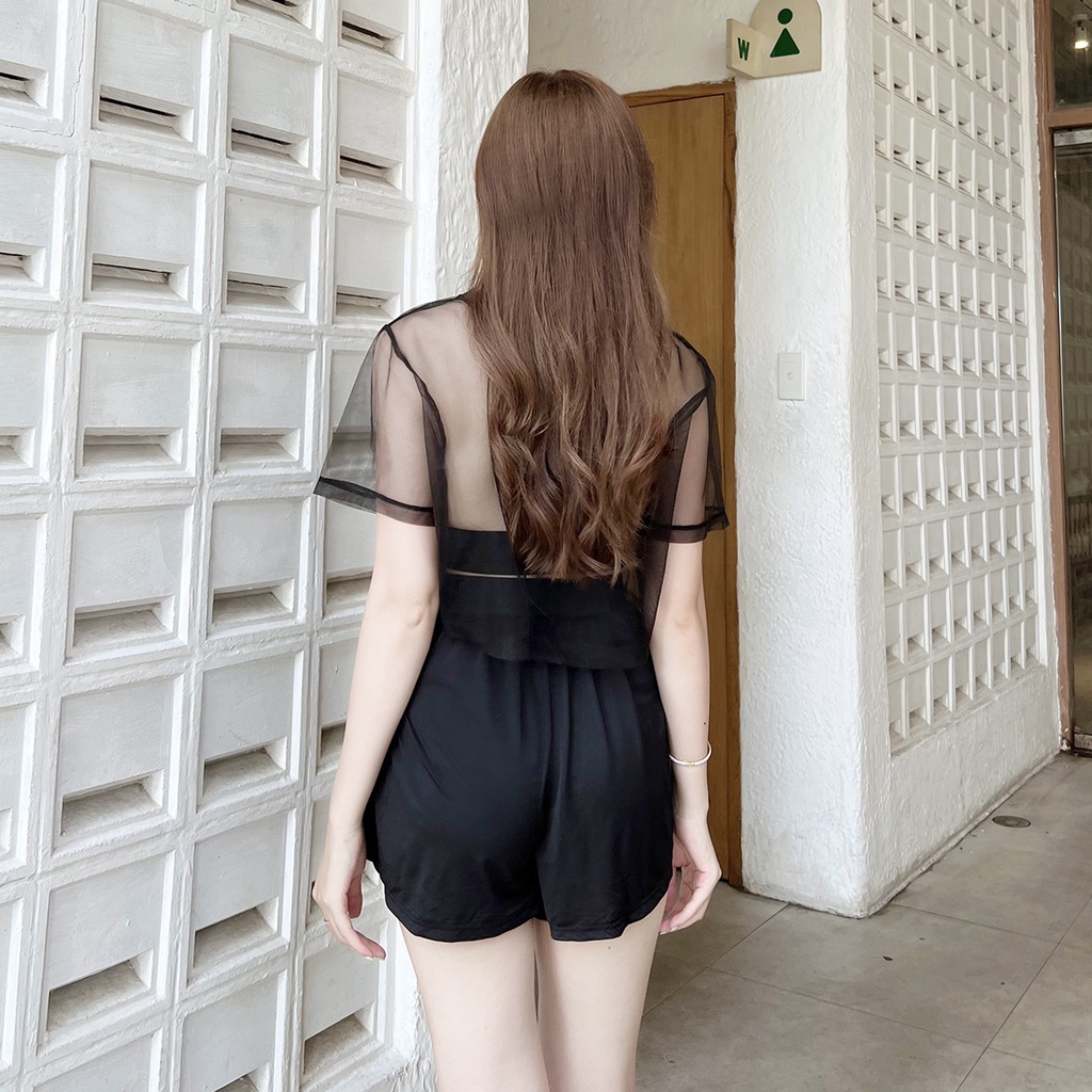 Set bikini 3 mảnh kèm áo lưới kín đáo đồ bơi 3 món đi biển đen có bigsize