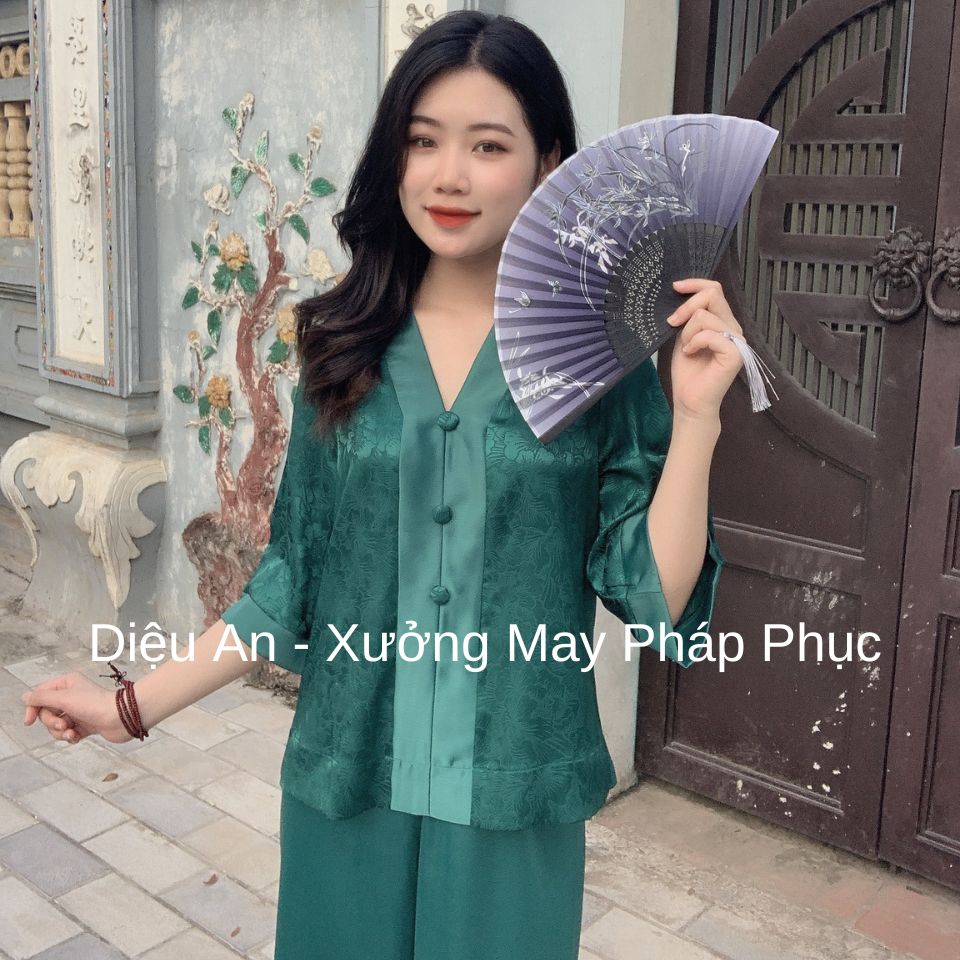 Set Lụa Cao Cấp Đi Lễ Chùa Màu Xanh Lá - Pháp Phục Đồ Lam