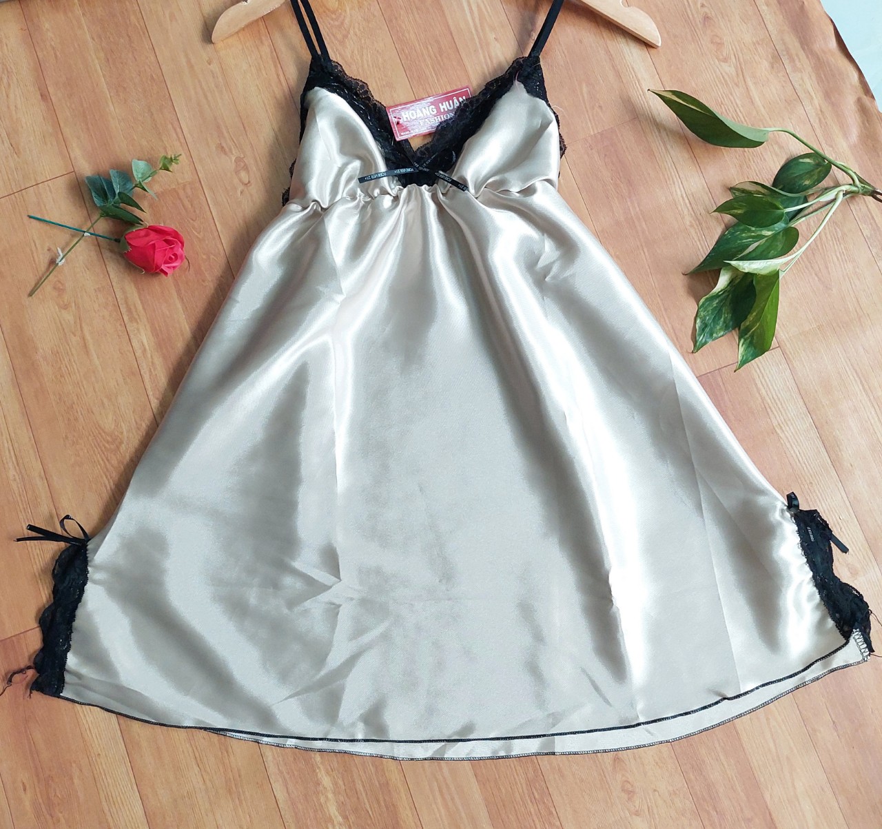 đầm váy ngủ nữ 2 dây phối ren đen chất phi lụa mãu trơn reesize dưới 57kg