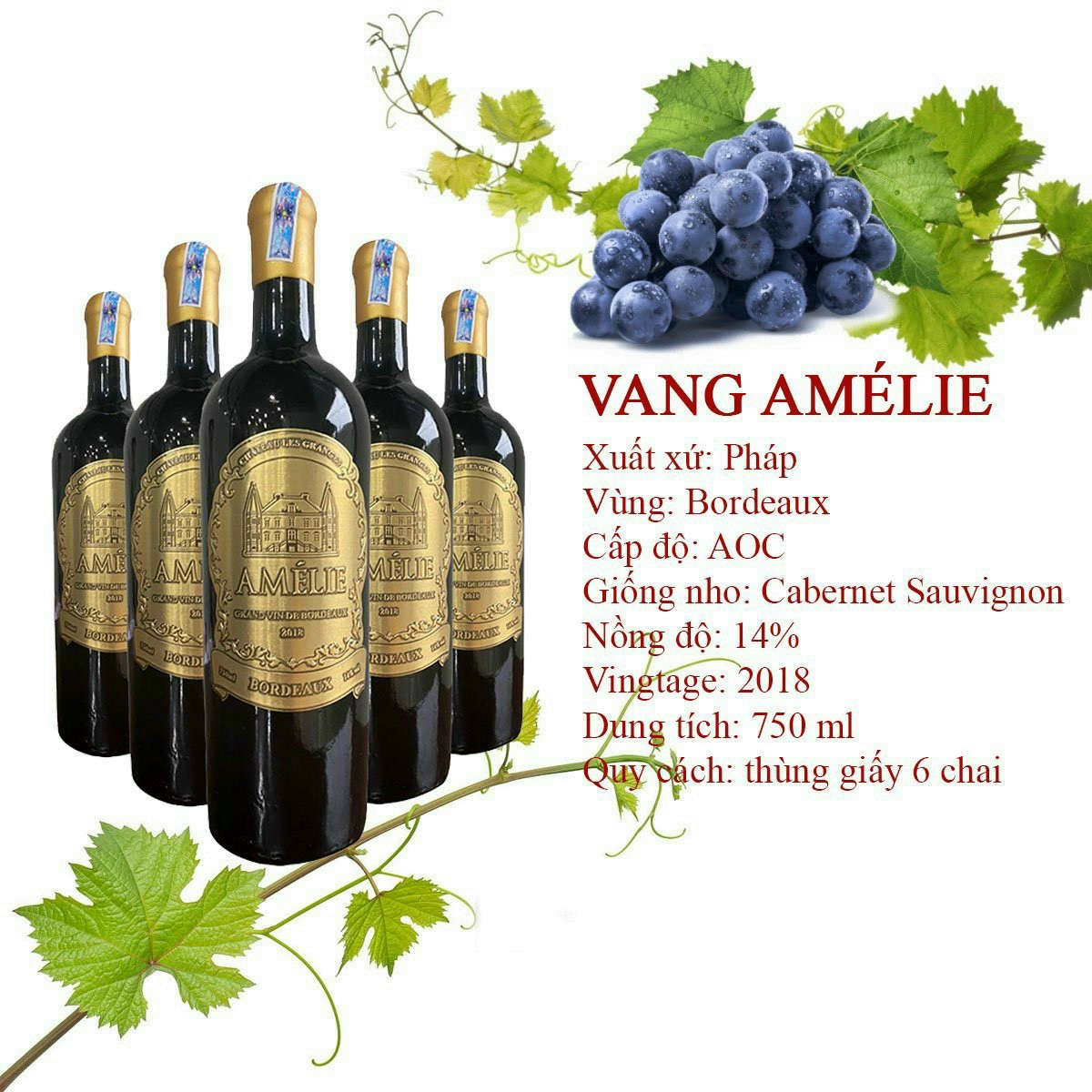 Vang Pháp Amelie 750 ml nhập khẩu - Nho không qua chưng cất