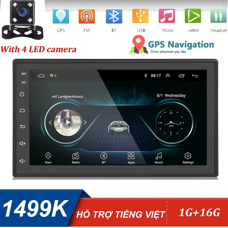 Kèm Camera Lùi - Màn hình cảm ứng ô tô LCD Full HD 1080 7 inch có tiếng Việt chạy hệ điều hành Android 8.1 Full HD tích hợp GPS kết nối điện thoại,nghe gọi rảnh tay