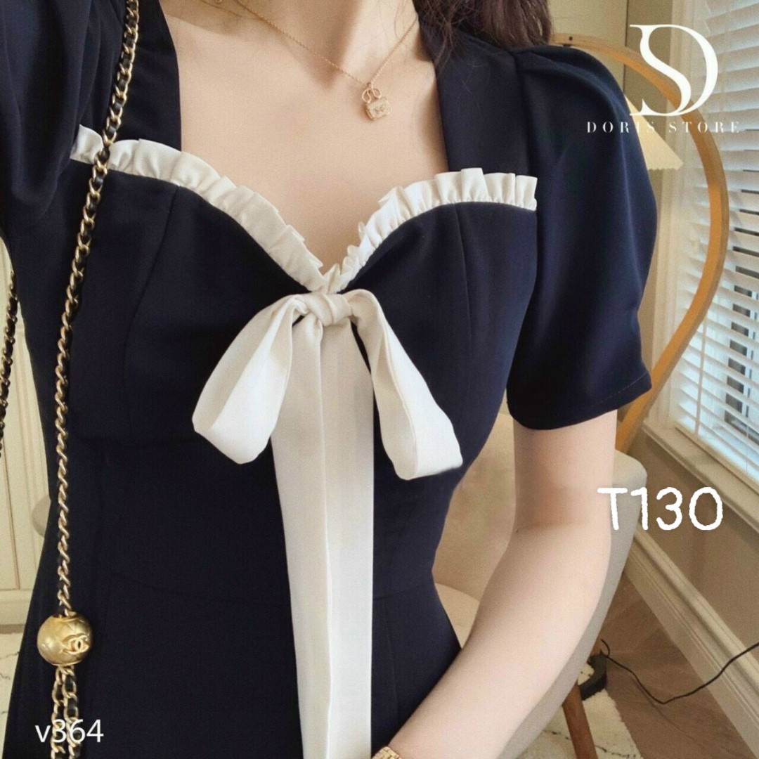 [HCM]Đầm phối voan kiếng cột nơ dáng xoè lụa kate T130
