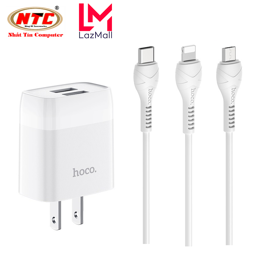 Cốc sạc 2 cổng và Bộ cốc cáp sạc Hoco C73/C73A Glorious 2.4A - chân Lightning / Micro-USB / Type-C (Trắng) - Nhat Tin Authorised Store